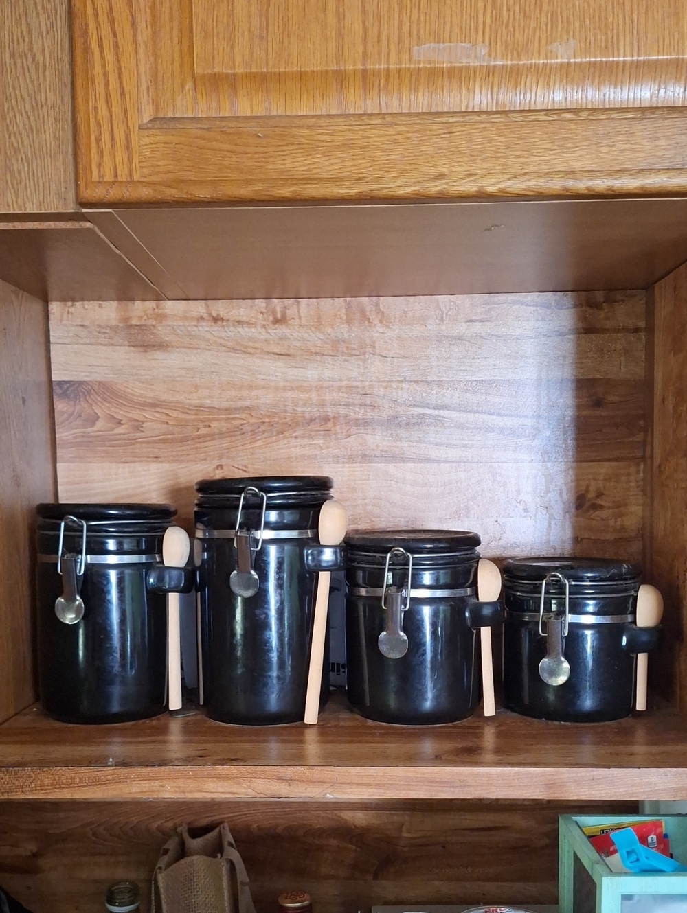 4 Pc Black Glass Kitchen Canister Set with Wooden Spoons